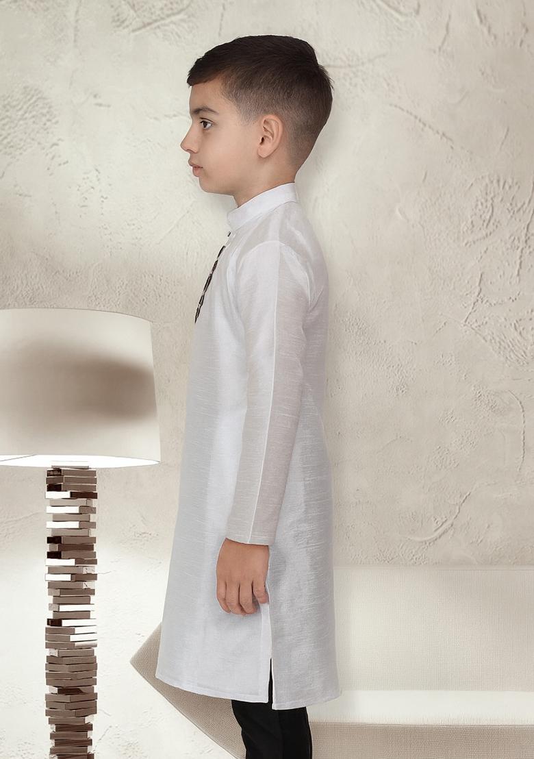 White Embroidery Silk Kurta For Boys - Indya