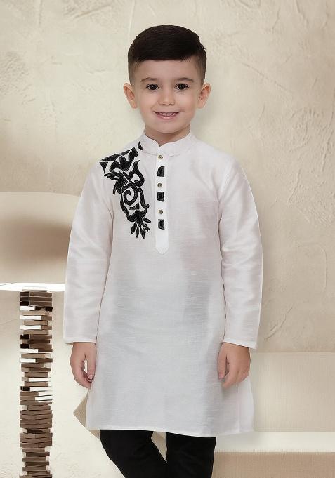 White Embroidery Silk Kurta For Boys