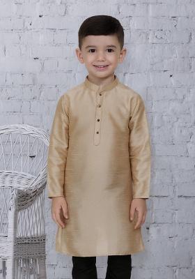 Fawn Button Work Silk Kurta For Boys