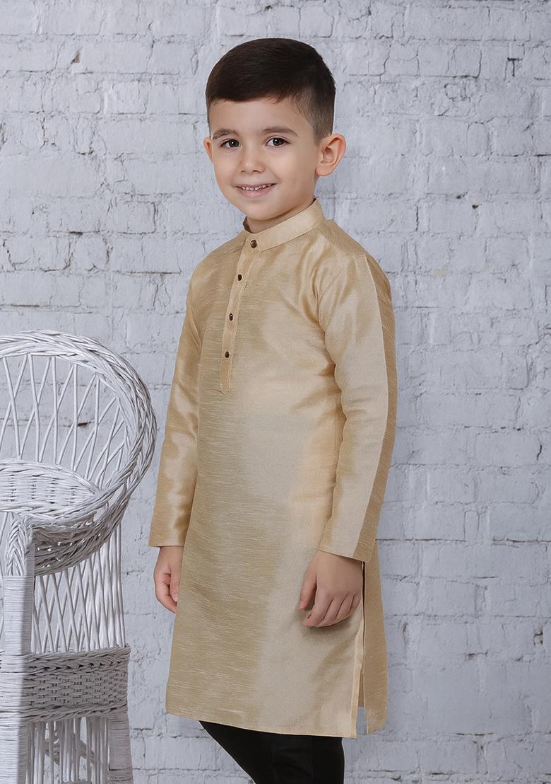 Fawn Button Work Silk Kurta For Boys - Indya