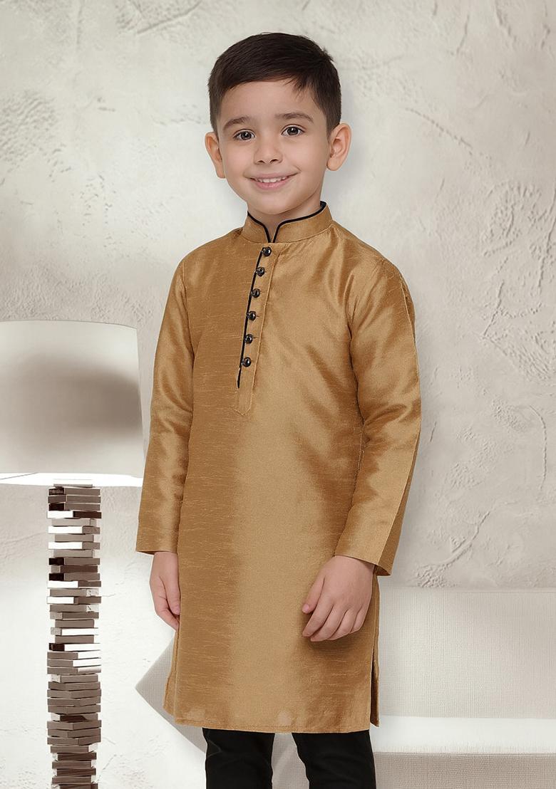 Golden Button Work Silk Kurta For Boys - Indya