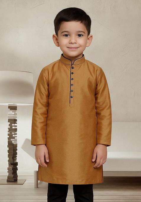 Golden Button Work Silk Kurta For Boys