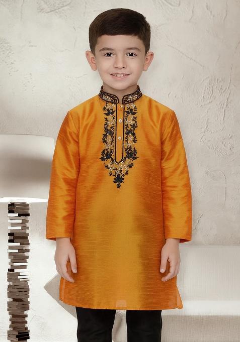 Orange Embroidery Silk Kurta For Boys