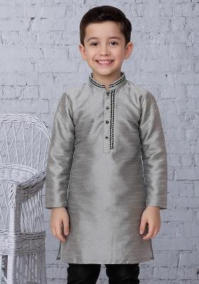 Grey Embroidery Silk Kurta For Boys