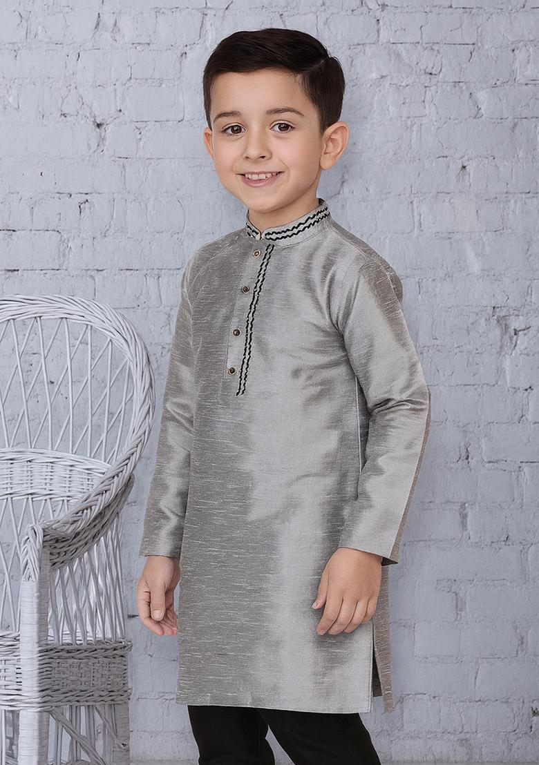 Grey Embroidery Silk Kurta For Boys - Indya