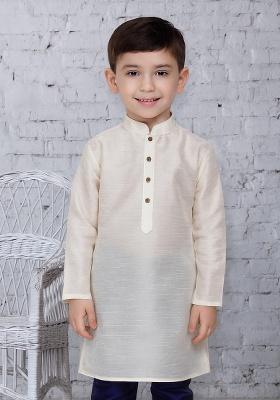 White Button Work Silk Kurta For Boys