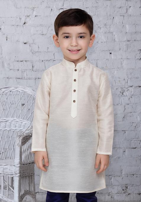 White Button Work Silk Kurta For Boys