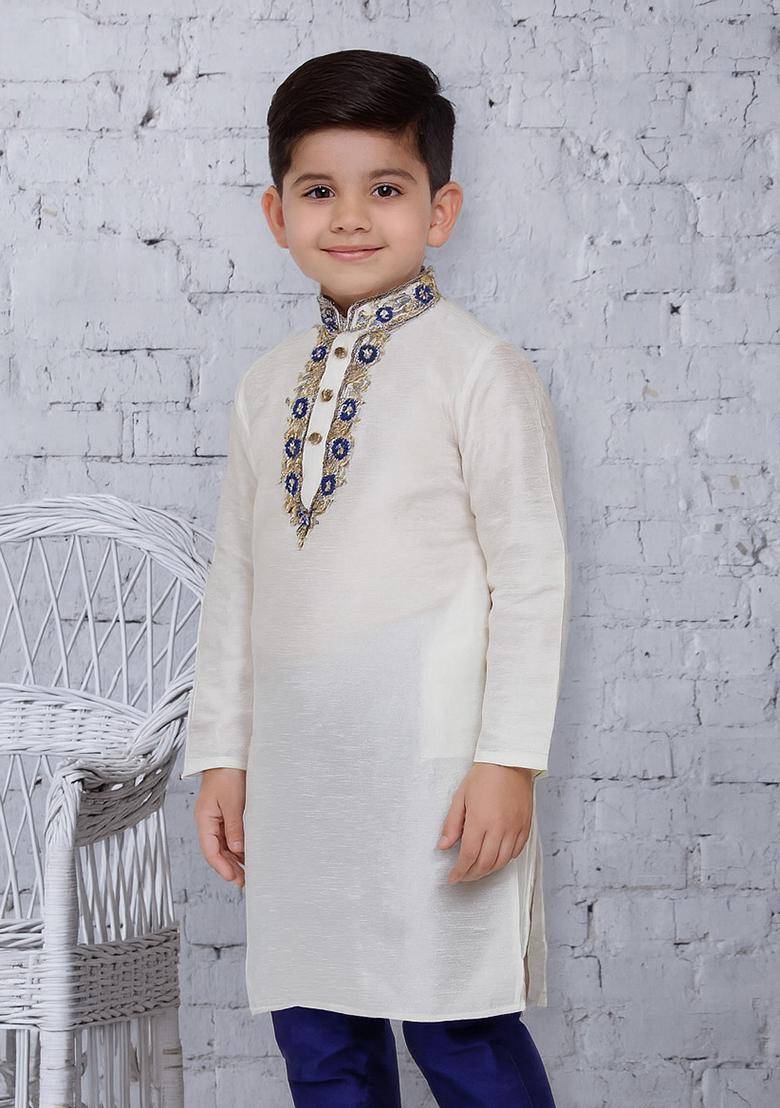 White Embroidery Silk Kurta For Boys - Indya