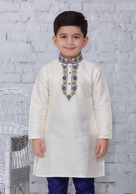 White Embroidery Silk Kurta For Boys