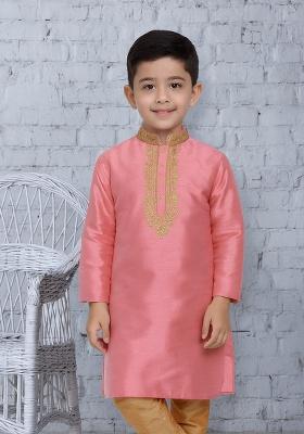 Pink Embroidery Silk Kurta For Boys