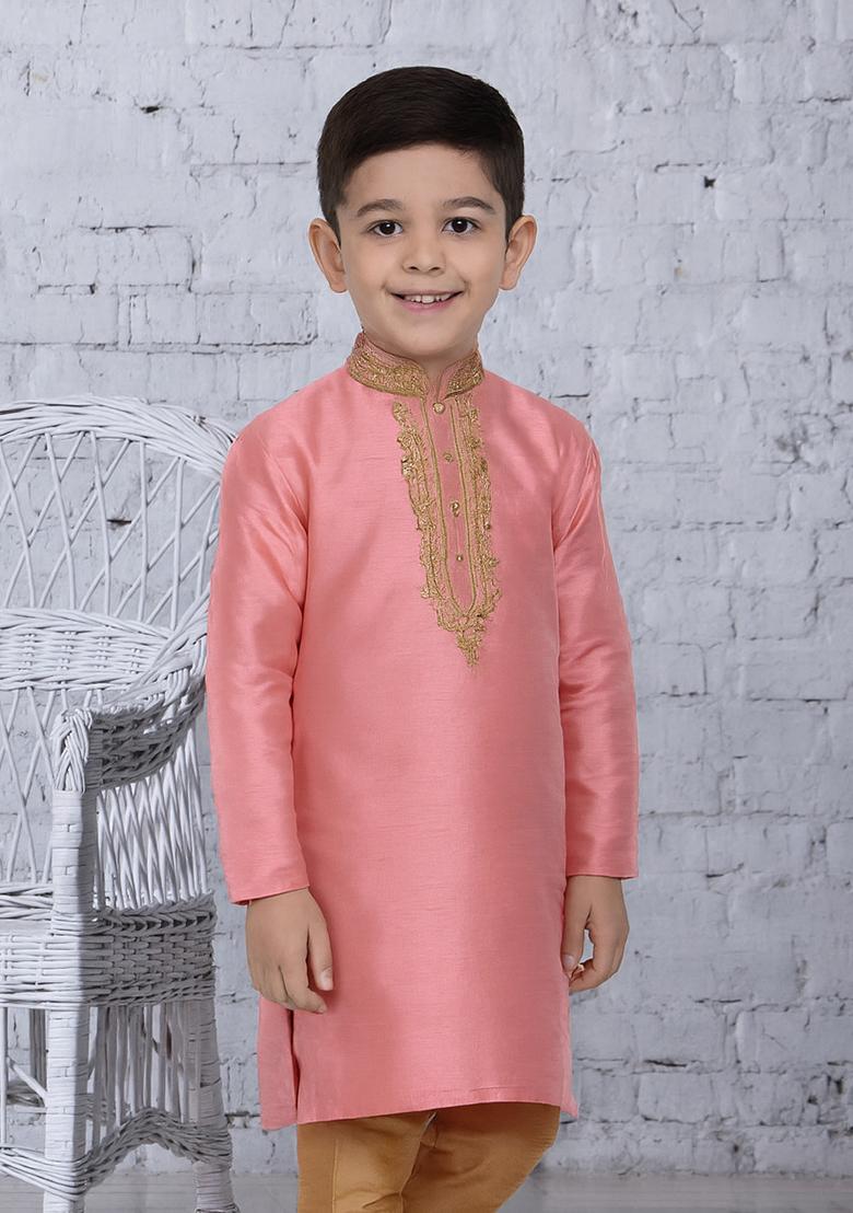Pink Embroidery Silk Kurta For Boys - Indya