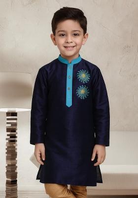 Navy Blue Embroidery Silk Kurta For Boys