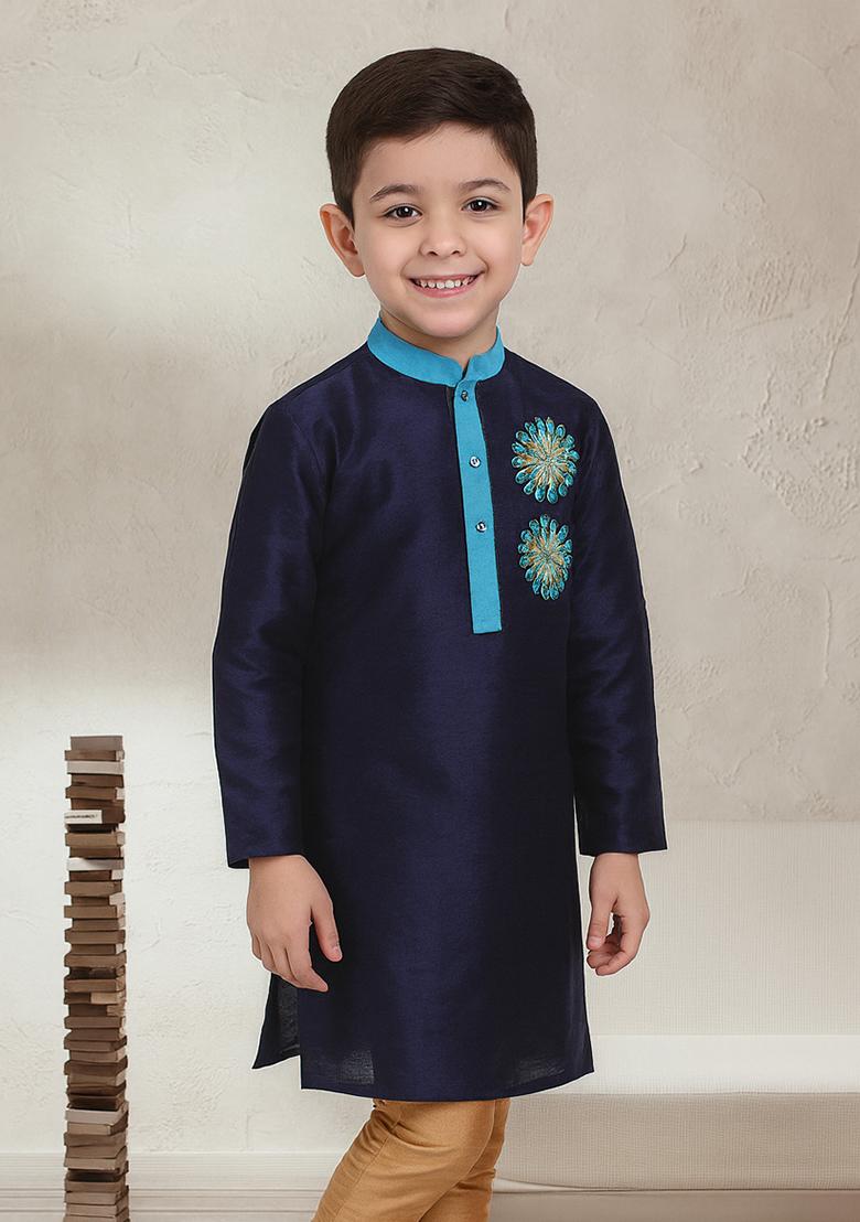 Navy Blue Embroidery Silk Kurta For Boys - Indya