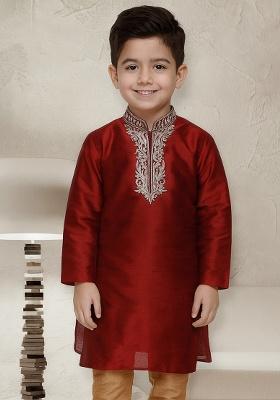 Maroon Embroidery Silk Kurta For Boys