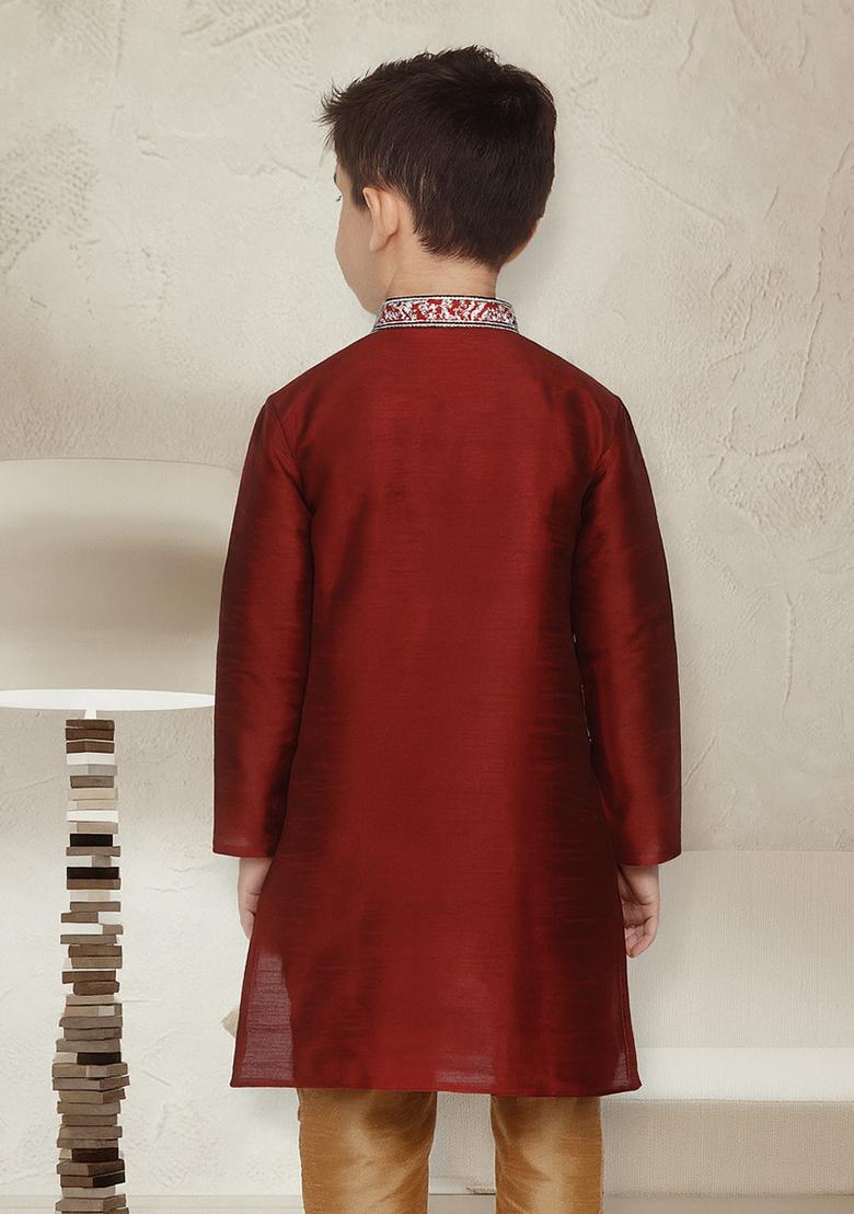 Maroon Embroidery Silk Kurta For Boys - Indya