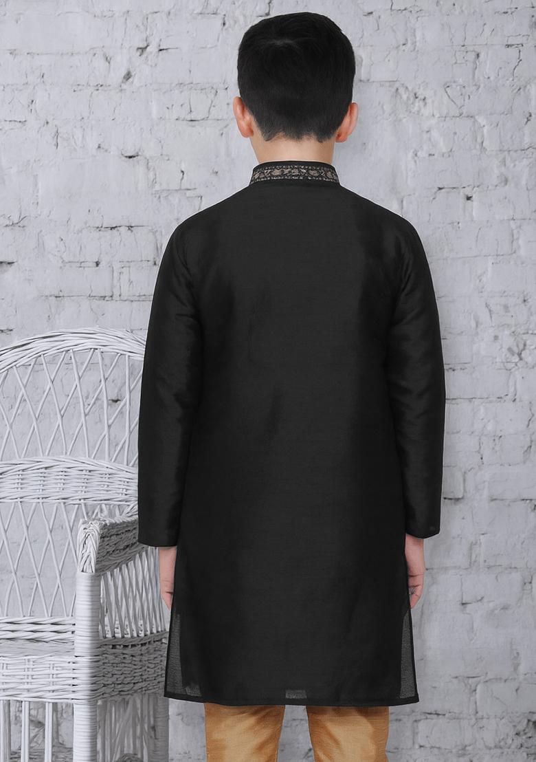 Black Embroidery Silk Kurta For Boys - Indya