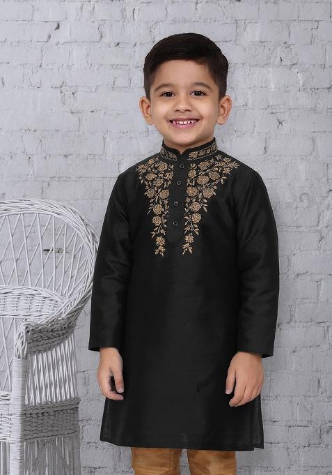 Black Embroidery Silk Kurta For Boys