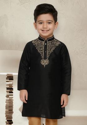 Black Embroidery Silk Kurta For Boys