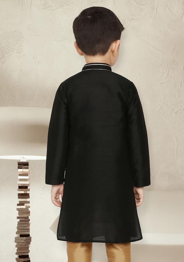 Black Embroidery Silk Kurta For Boys - Indya