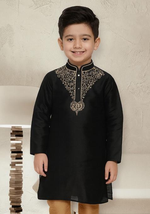 Black Embroidery Silk Kurta For Boys