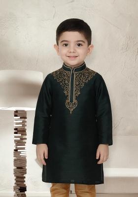 Bottle Green Embroidery Silk Kurta For Boys