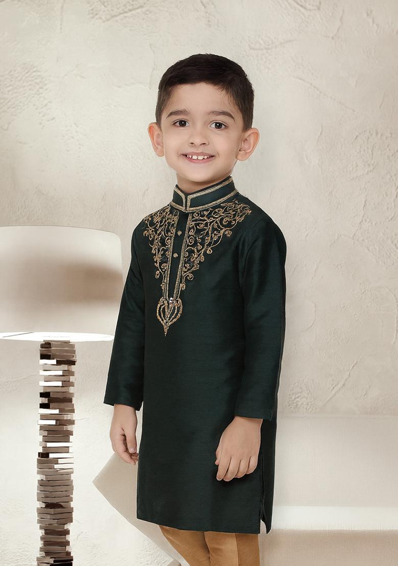 Bottle Green Embroidery Silk Kurta For Boys - Indya