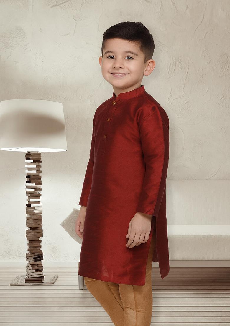 Maroon Embroidery Silk Kurta For Boys - Indya