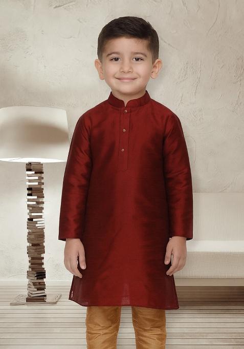 Maroon Embroidery Silk Kurta For Boys