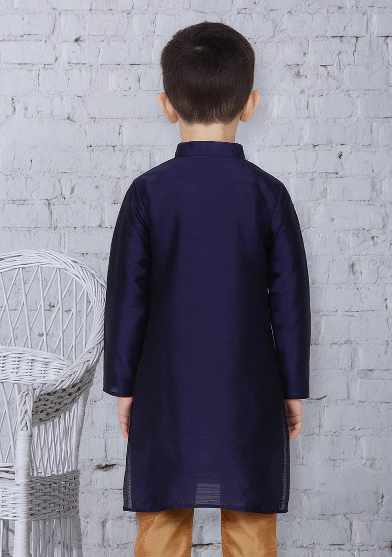 Navy Blue Button Work Silk Kurta For Boys - Indya