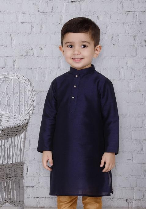 Navy Blue Button Work Silk Kurta For Boys