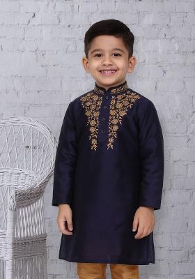 Navy Blue Embroidery Silk Kurta For Boys