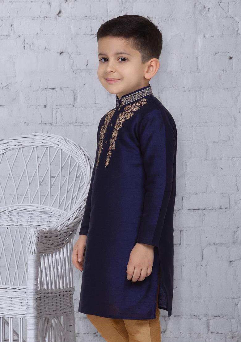 Navy Blue Embroidery Silk Kurta For Boys - Indya