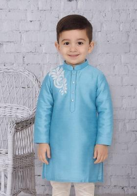 Light Blue Embroidery Silk Kurta For Boys
