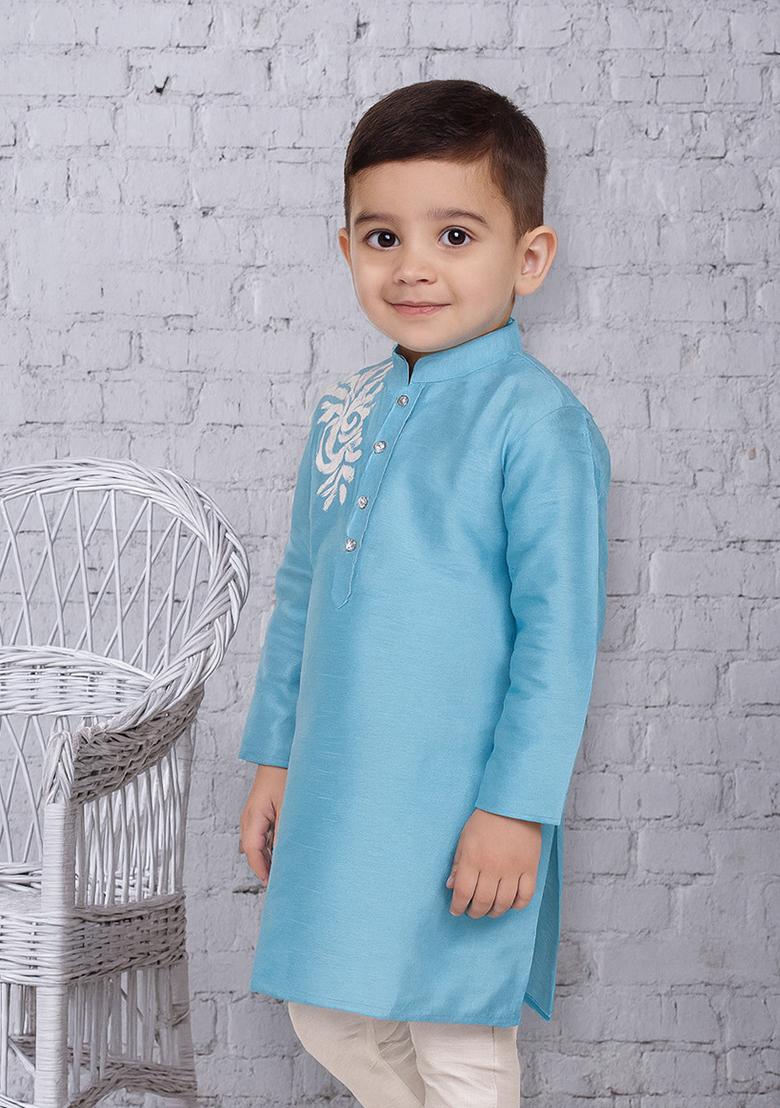 Light Blue Embroidery Silk Kurta For Boys - Indya