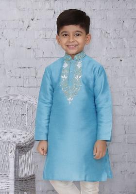 Light Blue Embroidery Silk Kurta For Boys