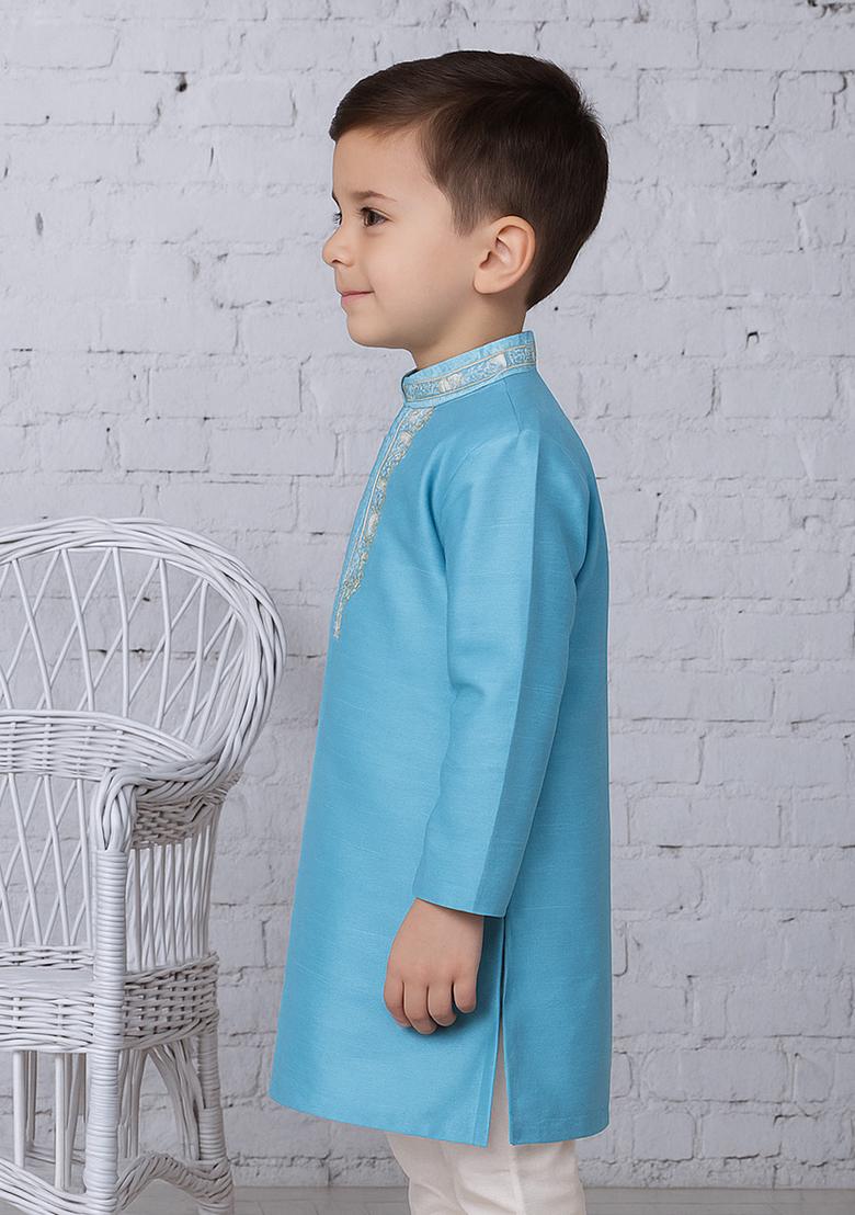 Light Blue Embroidery Silk Kurta For Boys - Indya
