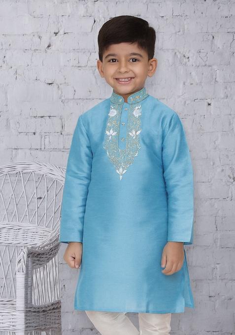 Light Blue Embroidery Silk Kurta For Boys