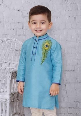 Light Blue Embroidery Silk Kurta For Boys