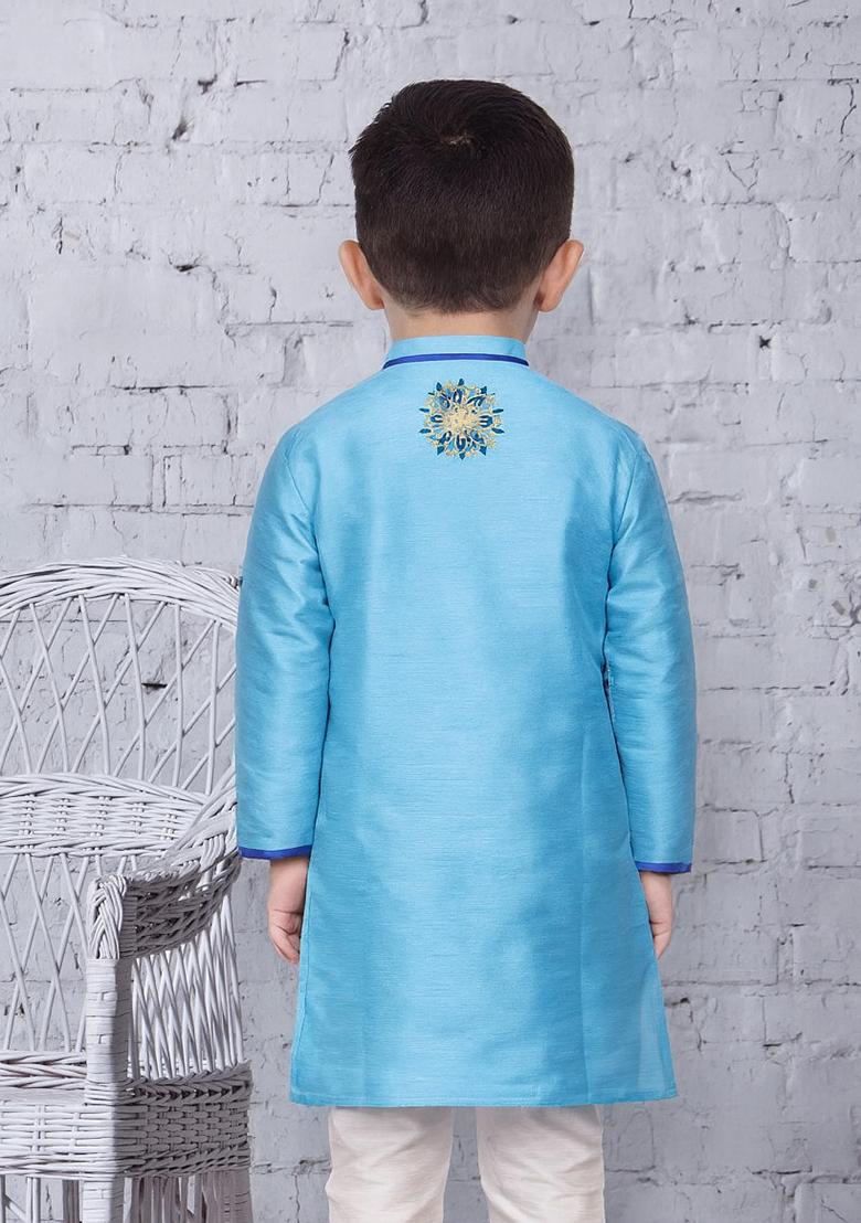Light Blue Embroidery Silk Kurta For Boys - Indya