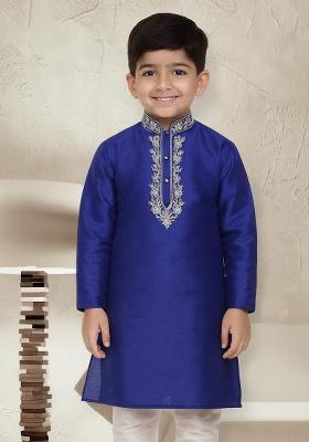 Royal Blue Embroidery Silk Kurta For Boys