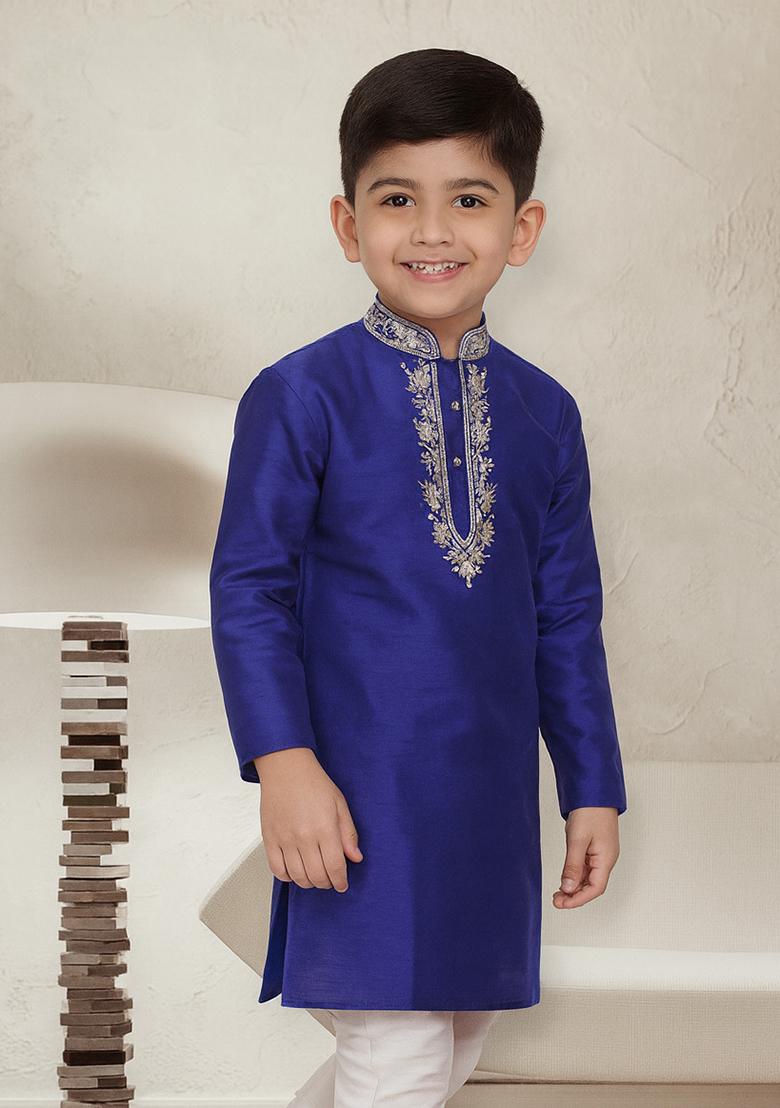 Royal Blue Embroidery Silk Kurta For Boys - Indya