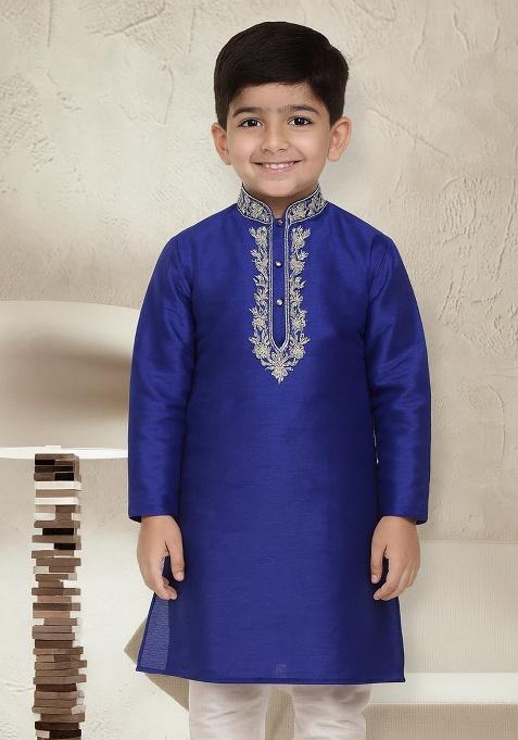 Royal Blue Embroidery Silk Kurta For Boys