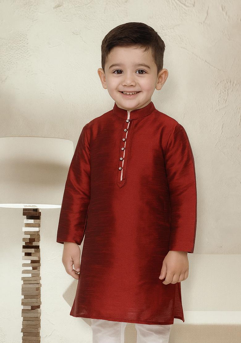 Maroon Button Work Silk Kurta For Boys - Indya