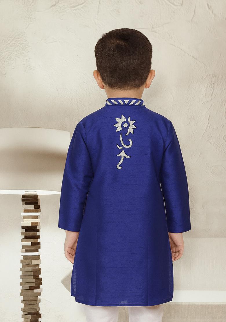 Royal Blue Embroidery Silk Kurta For Boys - Indya