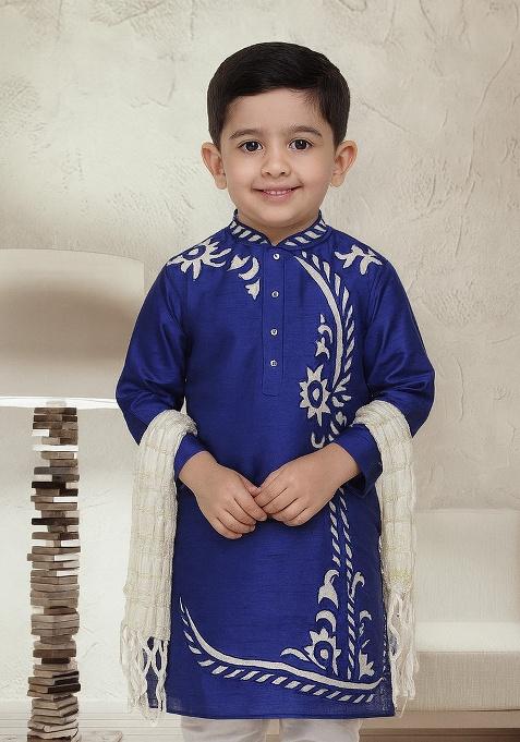 Royal Blue Embroidery Silk Kurta For Boys
