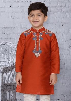 Rust Orange Embroidery Silk Kurta For Boys