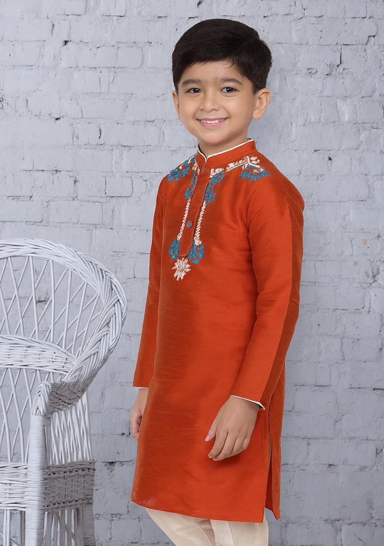 Rust Orange Embroidery Silk Kurta For Boys - Indya
