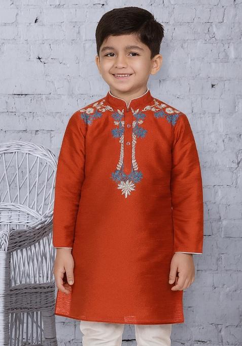 Rust Orange Embroidery Silk Kurta For Boys