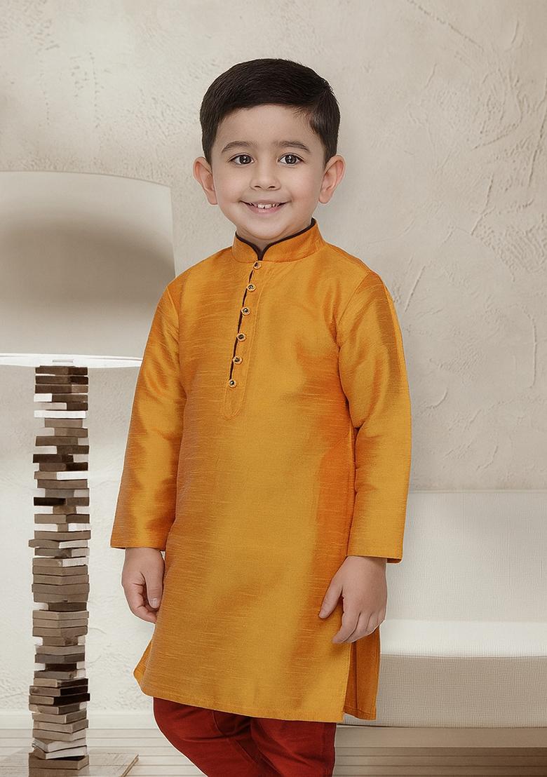 Orange Button Work Silk Kurta For Boys - Indya