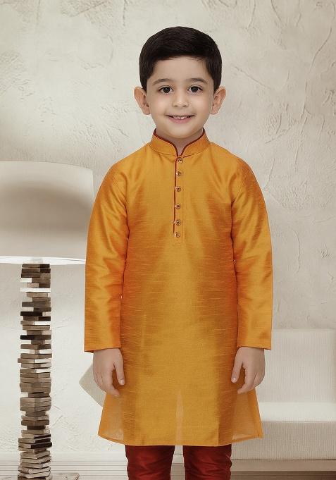 Orange Button Work Silk Kurta For Boys